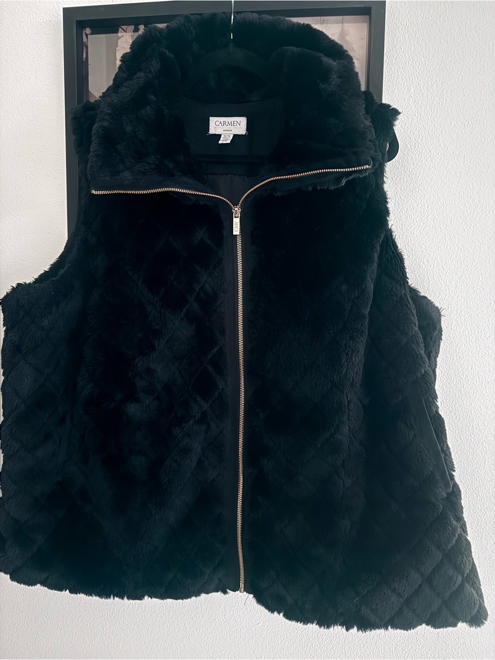 Carmen Women's Black Quilted Faux Fur Zip Vest